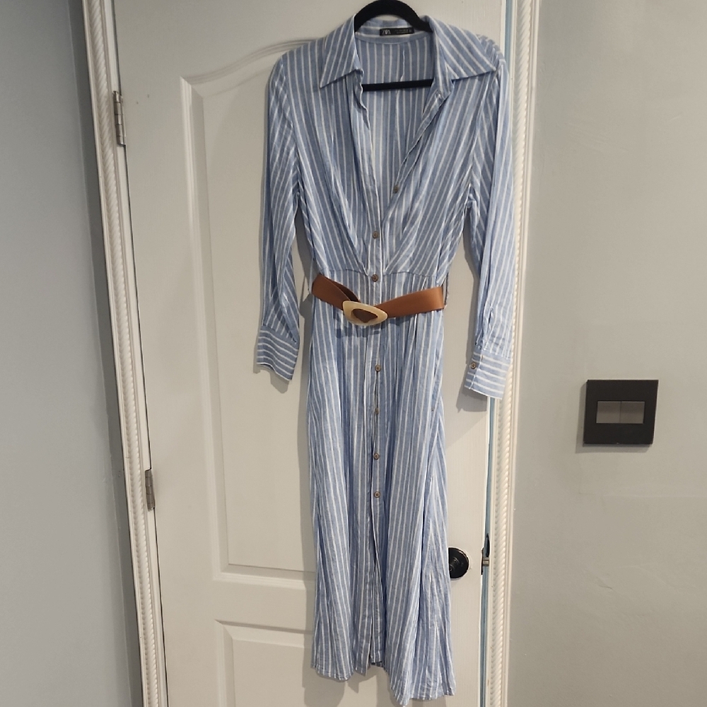 Blue Striped Shirt Dress with Belt